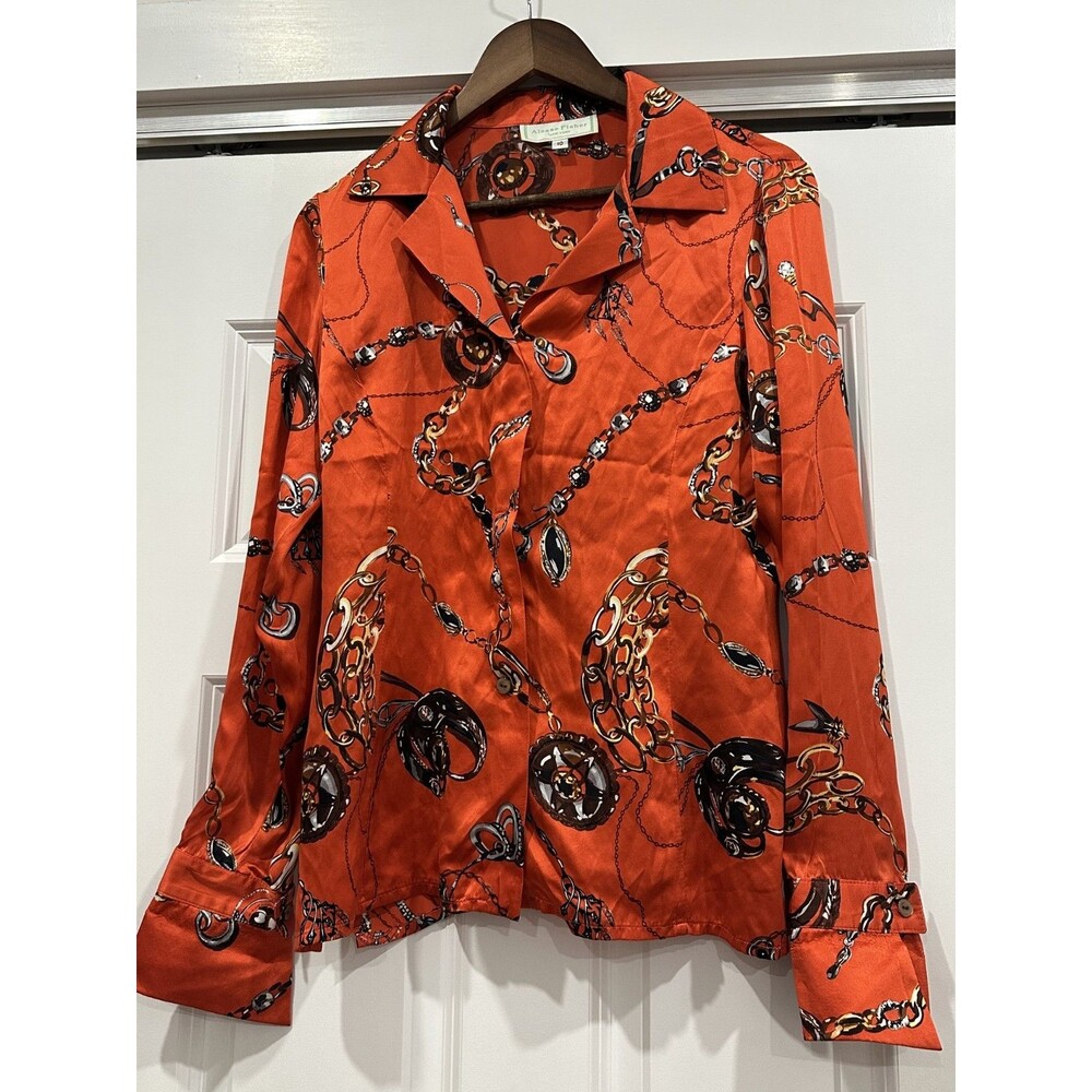 Alease Fisher Womens Orange 10 Chain Button Blouse Satin Silk Shirt Retro VTG
